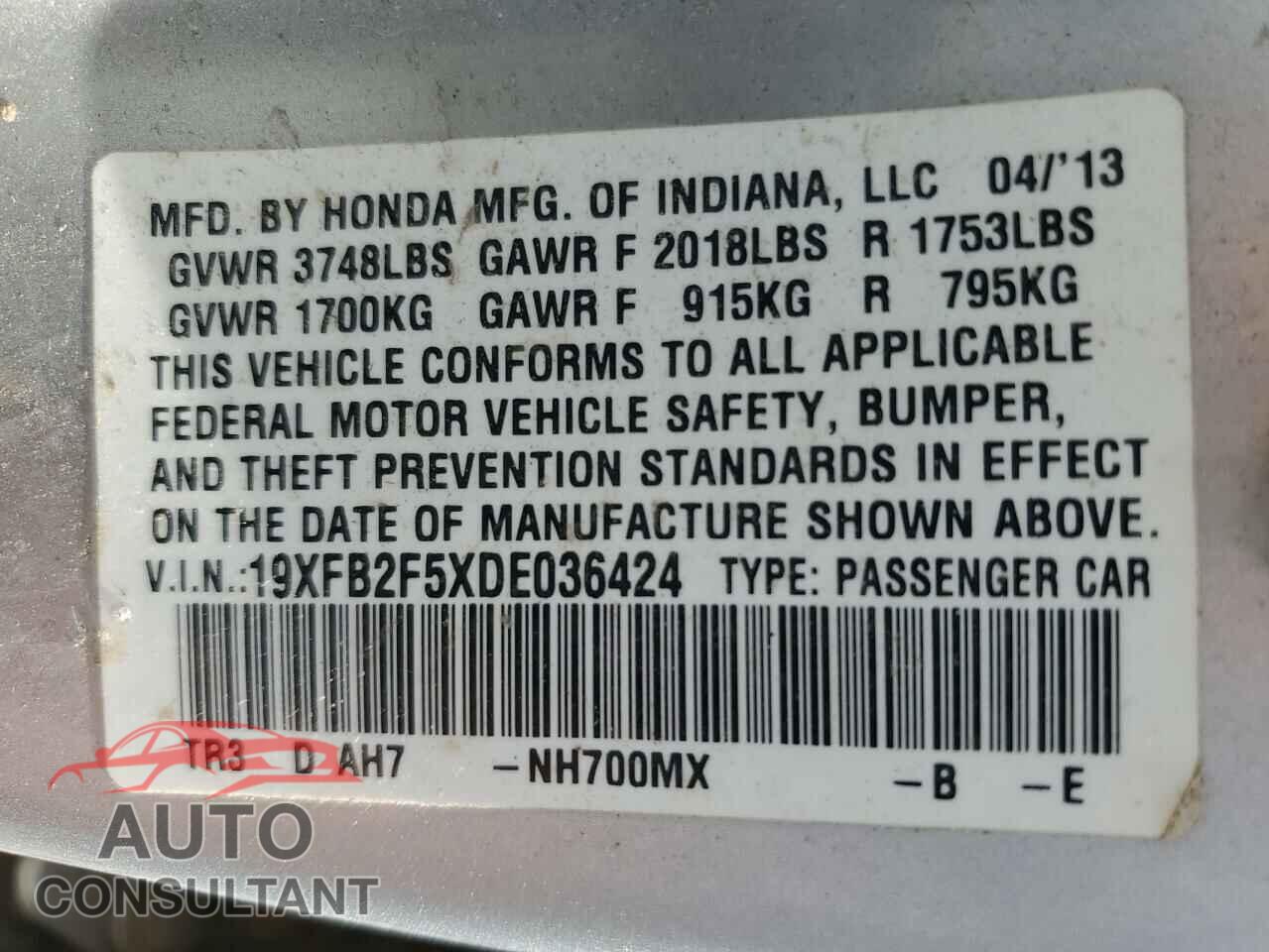 HONDA CIVIC 2013 - 19XFB2F5XDE036424