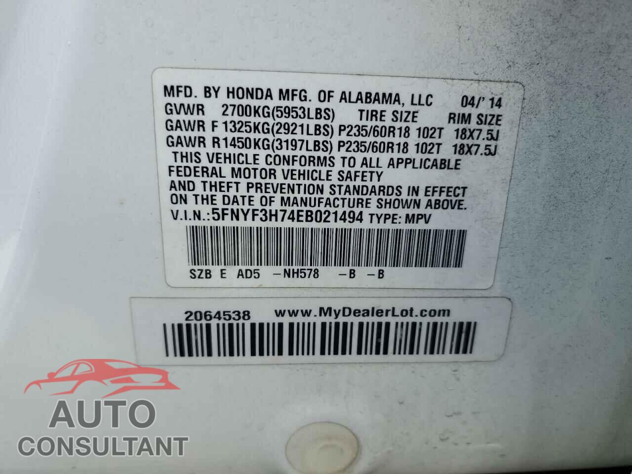HONDA PILOT 2014 - 5FNYF3H74EB021494