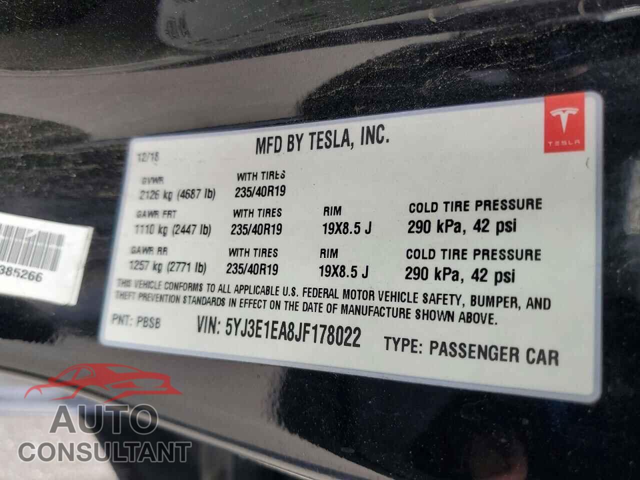 TESLA MODEL 3 2018 - 5YJ3E1EA8JF178022