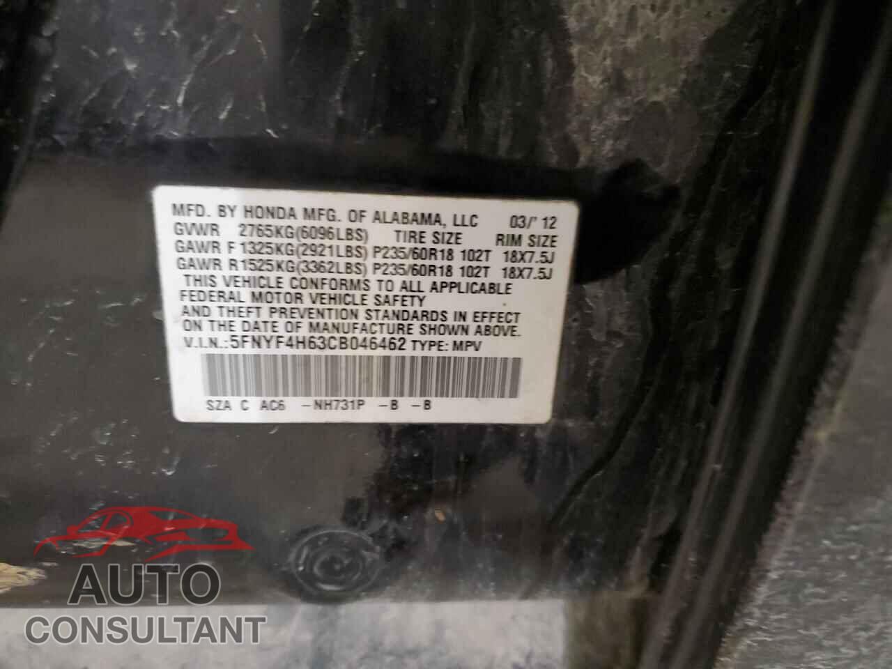 HONDA PILOT 2012 - 5FNYF4H63CB046462