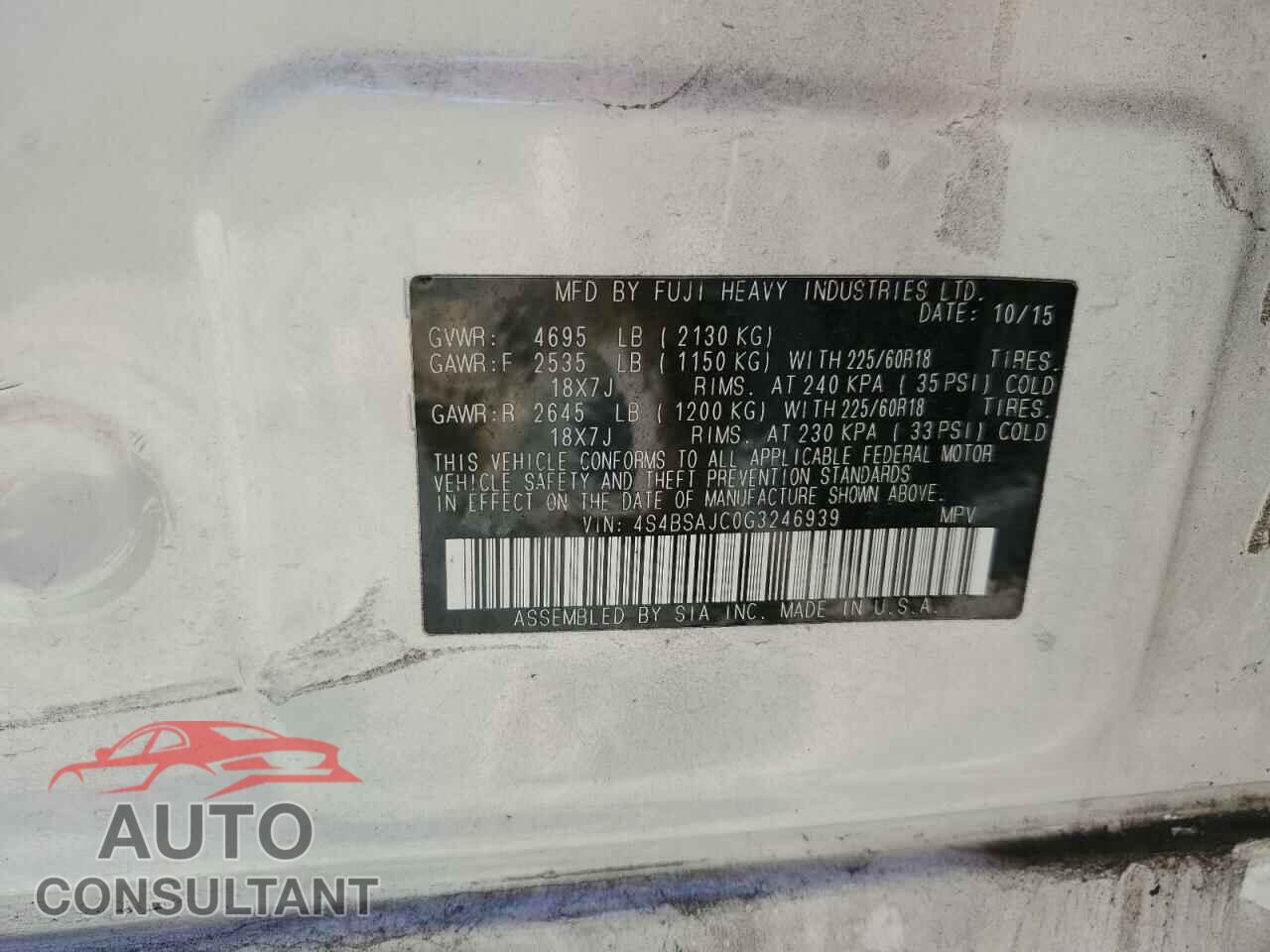 SUBARU OUTBACK 2016 - 4S4BSAJC0G3246939