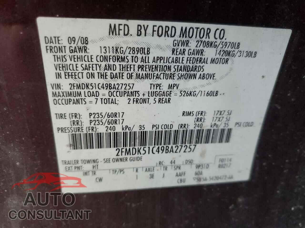 FORD FLEX 2009 - 2FMDK51C49BA27257