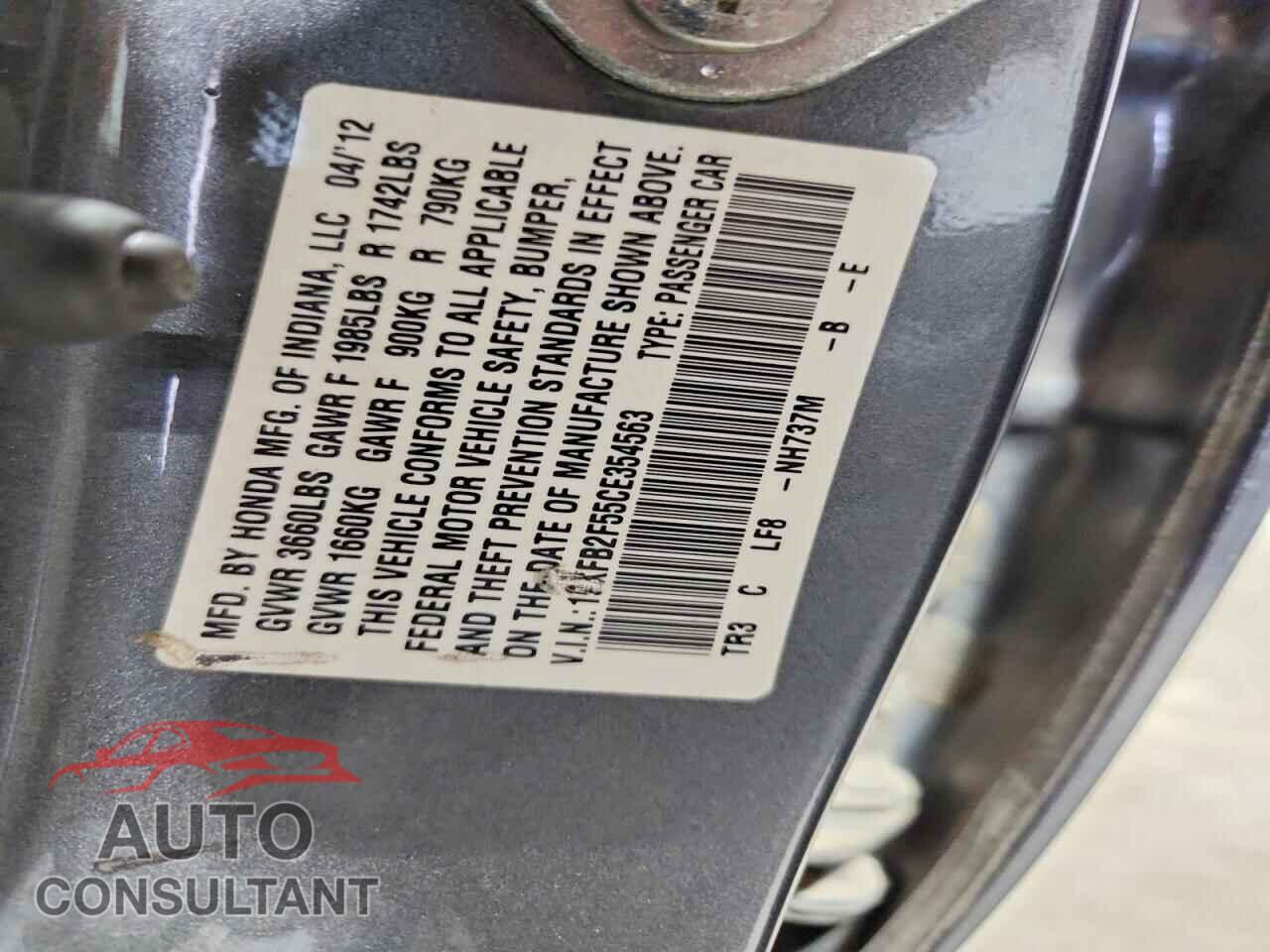 HONDA CIVIC 2012 - 19XFB2F55CE354563
