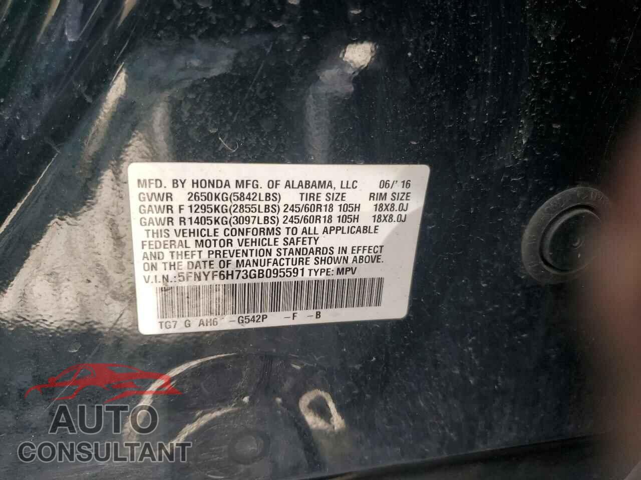 HONDA PILOT 2016 - 5FNYF6H73GB095591