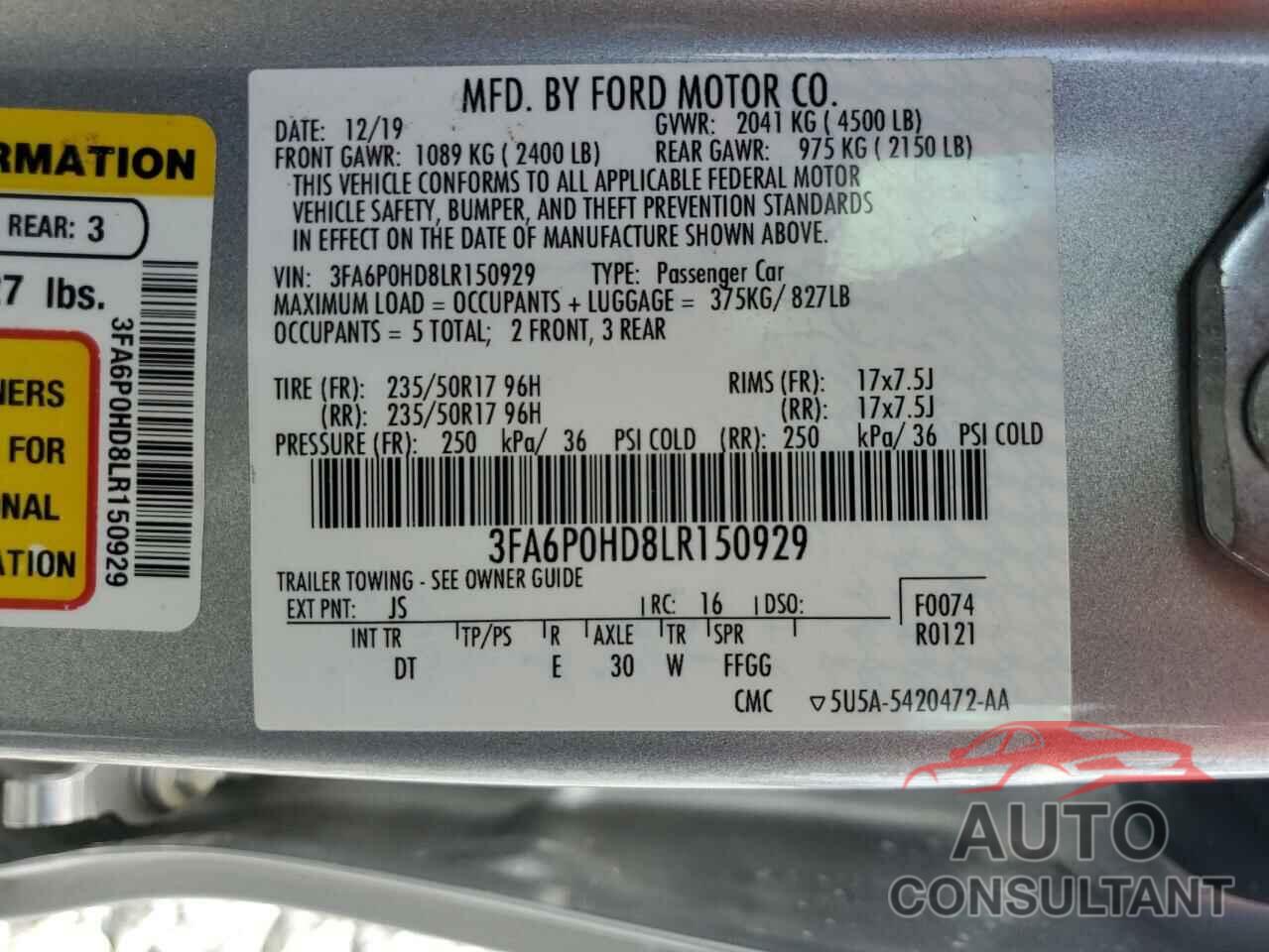 FORD FUSION 2020 - 3FA6P0HD8LR150929
