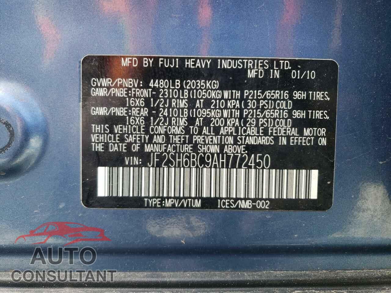 SUBARU FORESTER 2010 - JF2SH6BC9AH772450