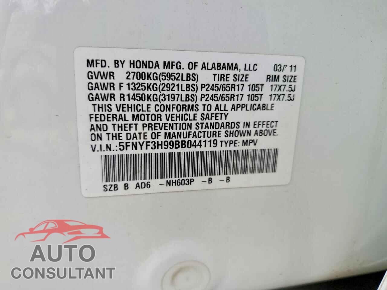HONDA PILOT 2011 - 5FNYF3H99BB044119