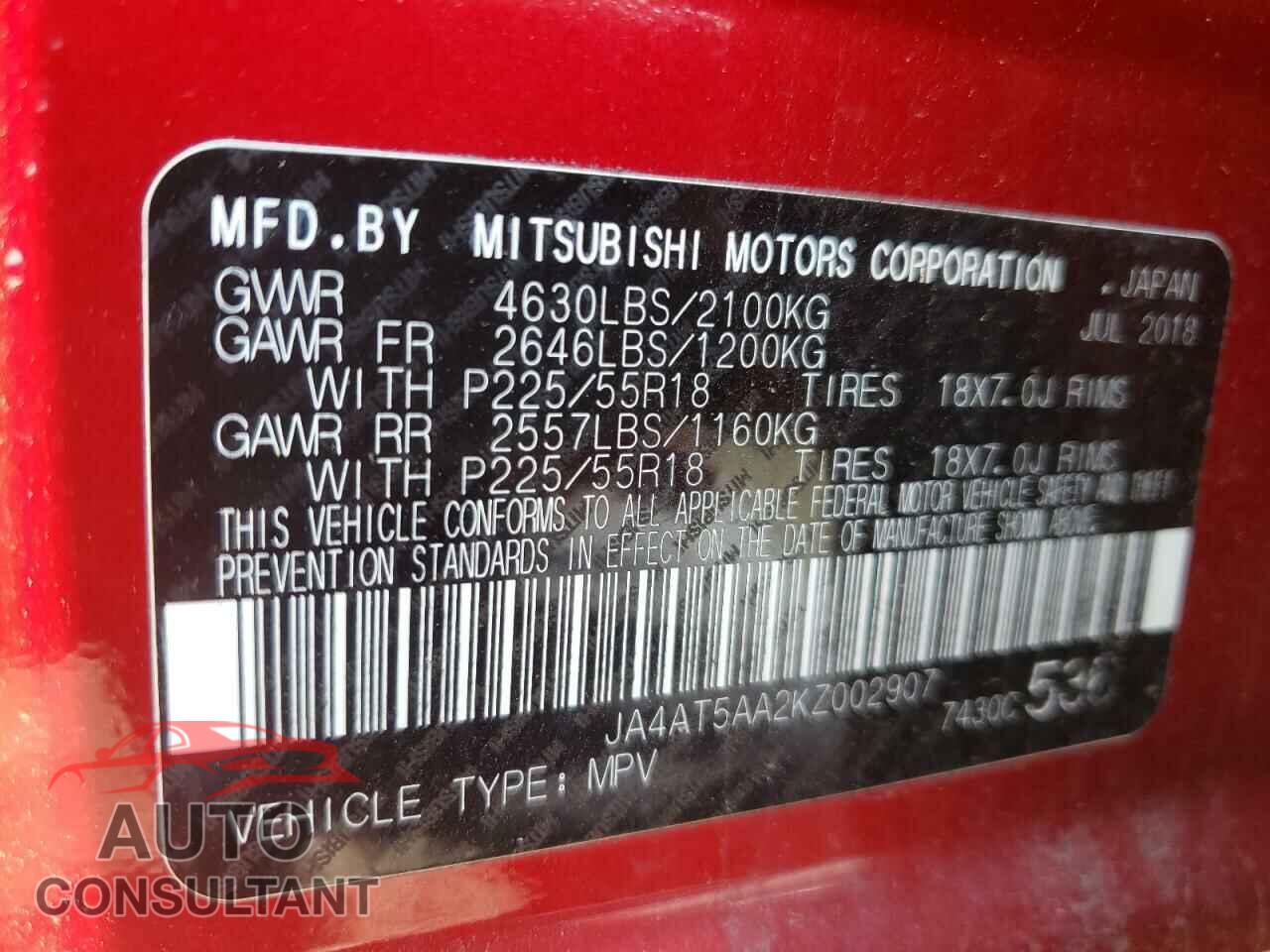 MITSUBISHI ECLIPSE 2019 - JA4AT5AA2KZ002907