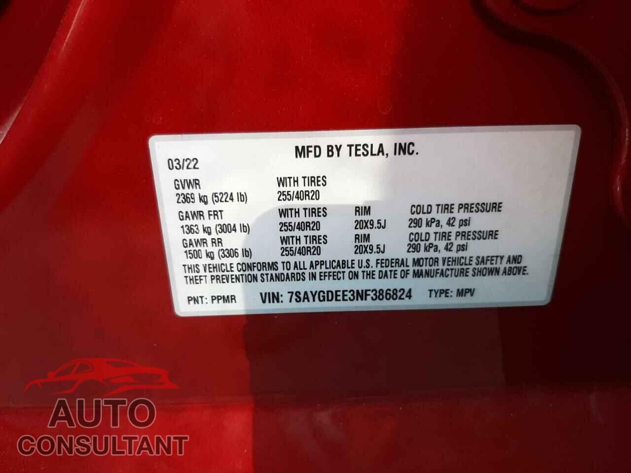 TESLA MODEL Y 2022 - 7SAYGDEE3NF386824