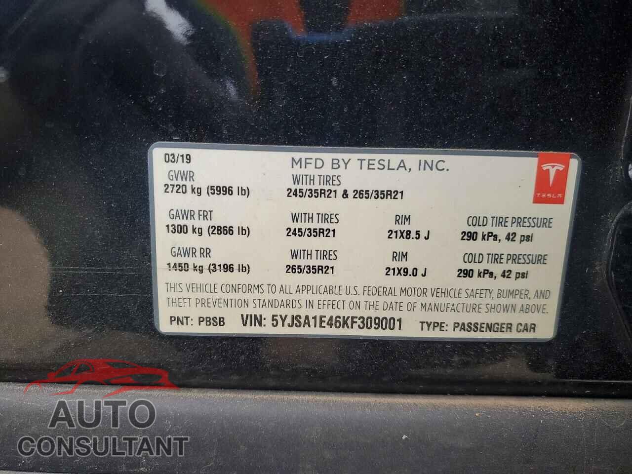 TESLA MODEL S 2019 - 5YJSA1E46KF309001