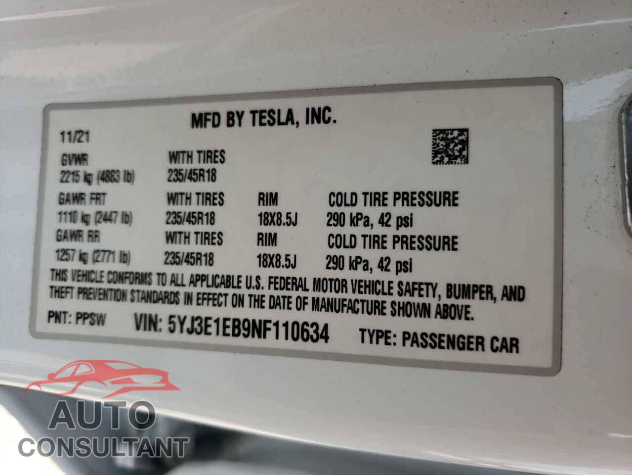 TESLA MODEL 3 2022 - 5YJ3E1EB9NF110634