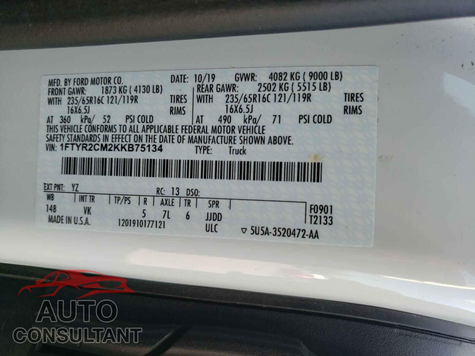 FORD TRANSIT CO 2019 - 1FTYR2CM2KKB75134