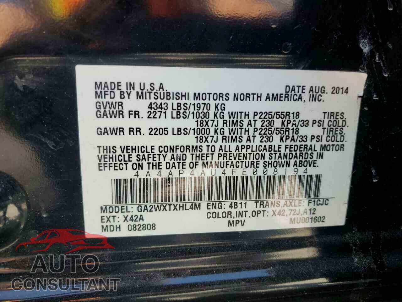 MITSUBISHI OUTLANDER 2015 - 4A4AP4AU4FE008194