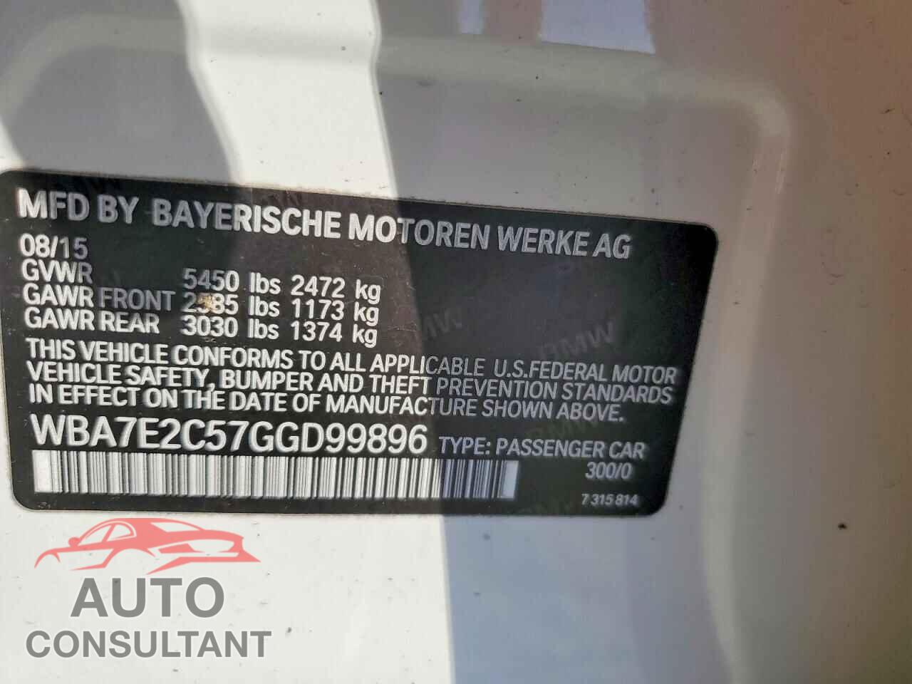 BMW 7 SERIES 2016 - WBA7E2C57GGD99896