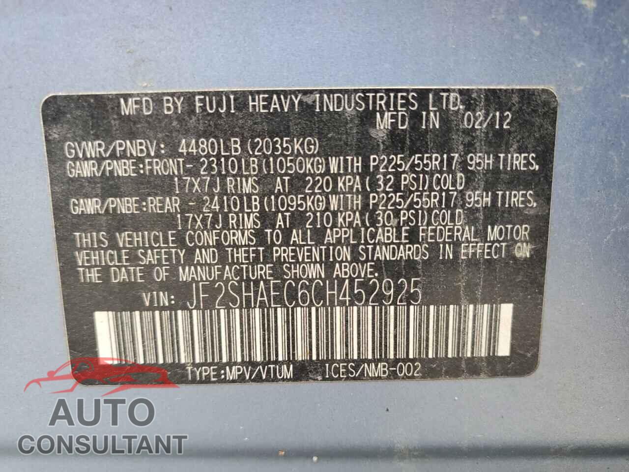 SUBARU FORESTER 2012 - JF2SHAEC6CH452925