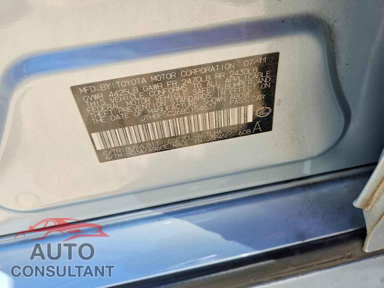 LEXUS IS 2011 - JTHBF5C26B5154637