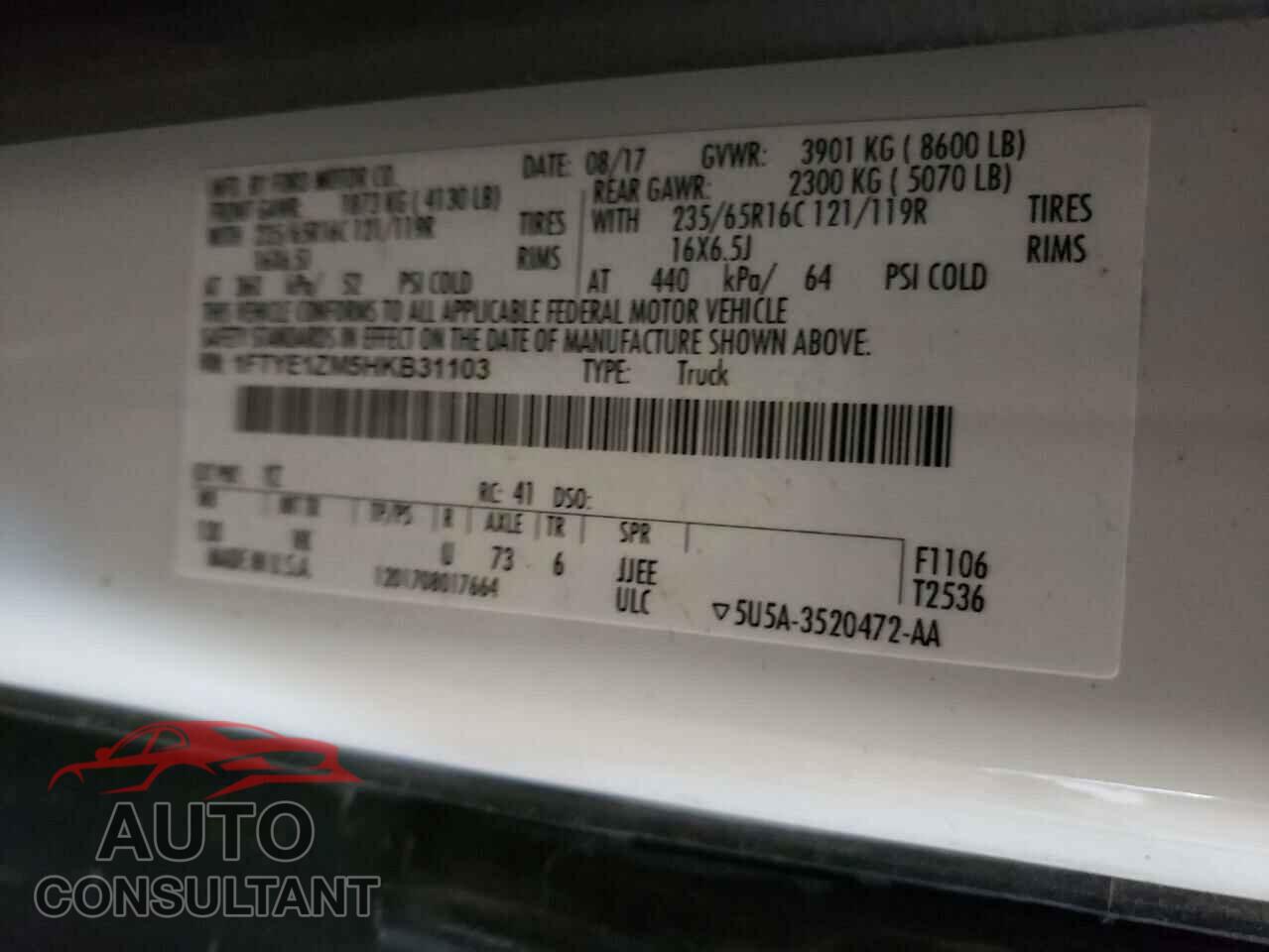 FORD TRANSIT 2017 - 1FTYE1ZM5HKB31103