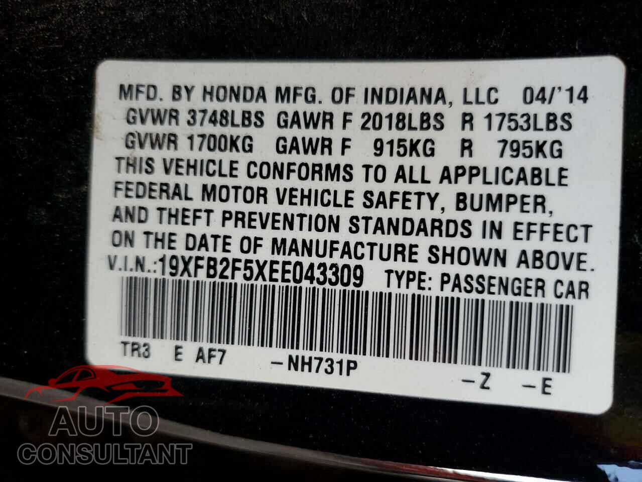 HONDA CIVIC 2014 - 19XFB2F5XEE043309