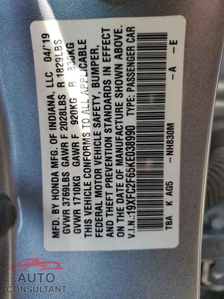 HONDA CIVIC 2019 - 19XFC2F65KE038990