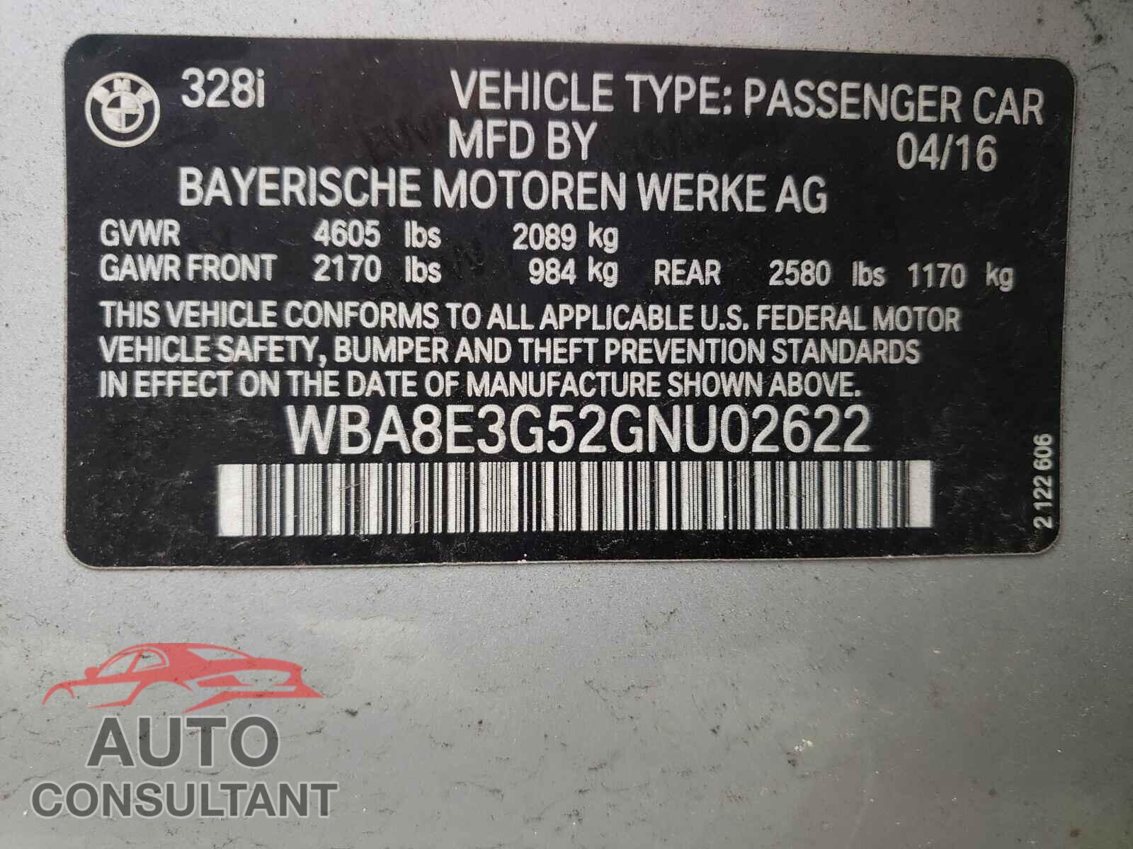BMW 3 SERIES 2016 - WBA8E3G52GNU02622