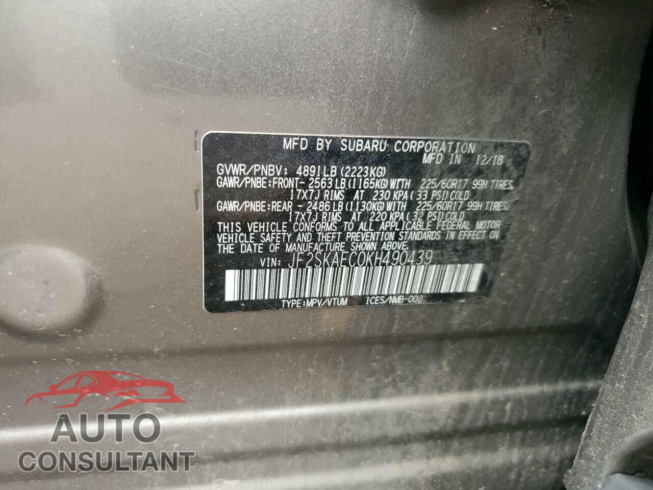 SUBARU FORESTER 2019 - JF2SKAEC0KH490439