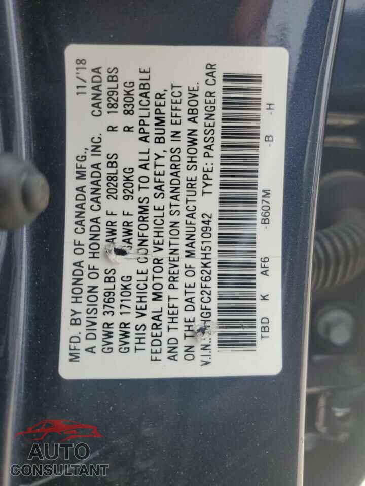 HONDA CIVIC 2019 - 2HGFC2F62KH510942