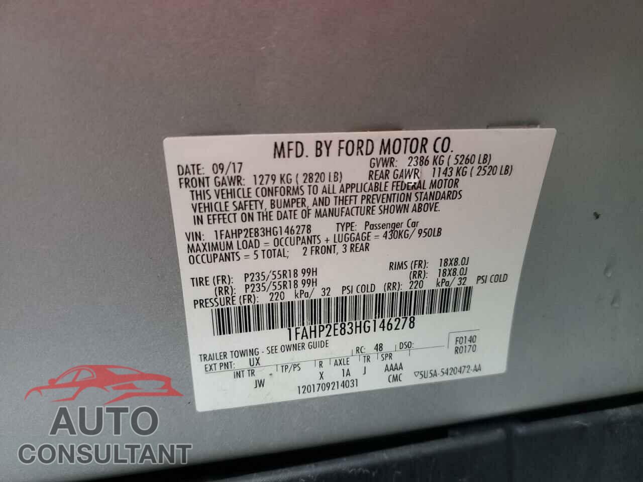 FORD TAURUS 2017 - 1FAHP2E83HG146278