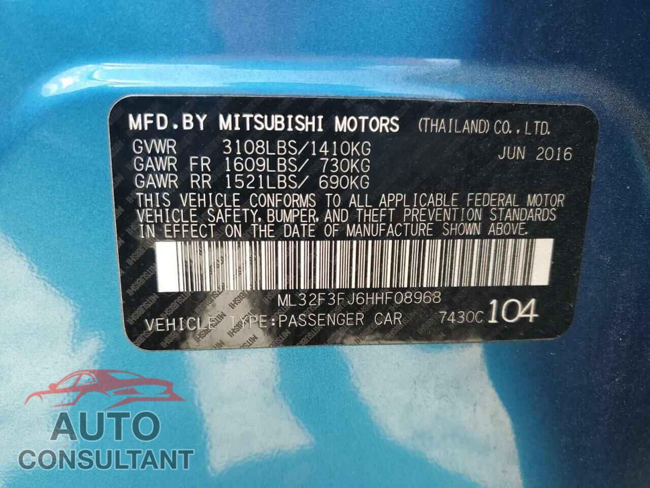MITSUBISHI MIRAGE 2017 - ML32F3FJ6HHF08968