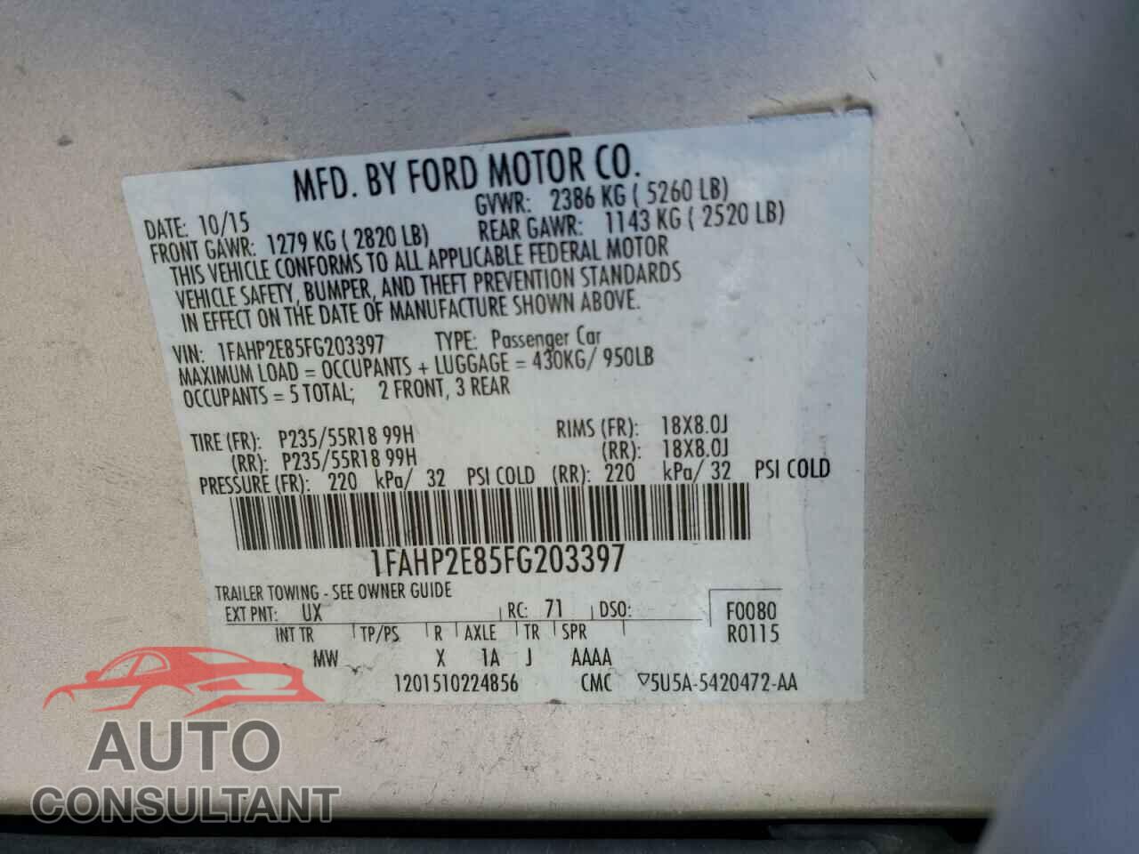 FORD TAURUS 2015 - 1FAHP2E85FG203397