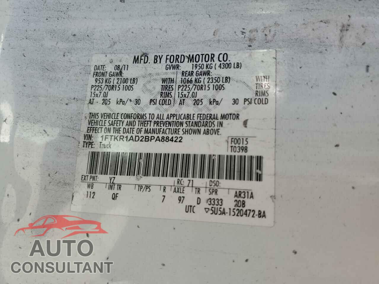 FORD RANGER 2011 - 1FTKR1AD2BPA88422