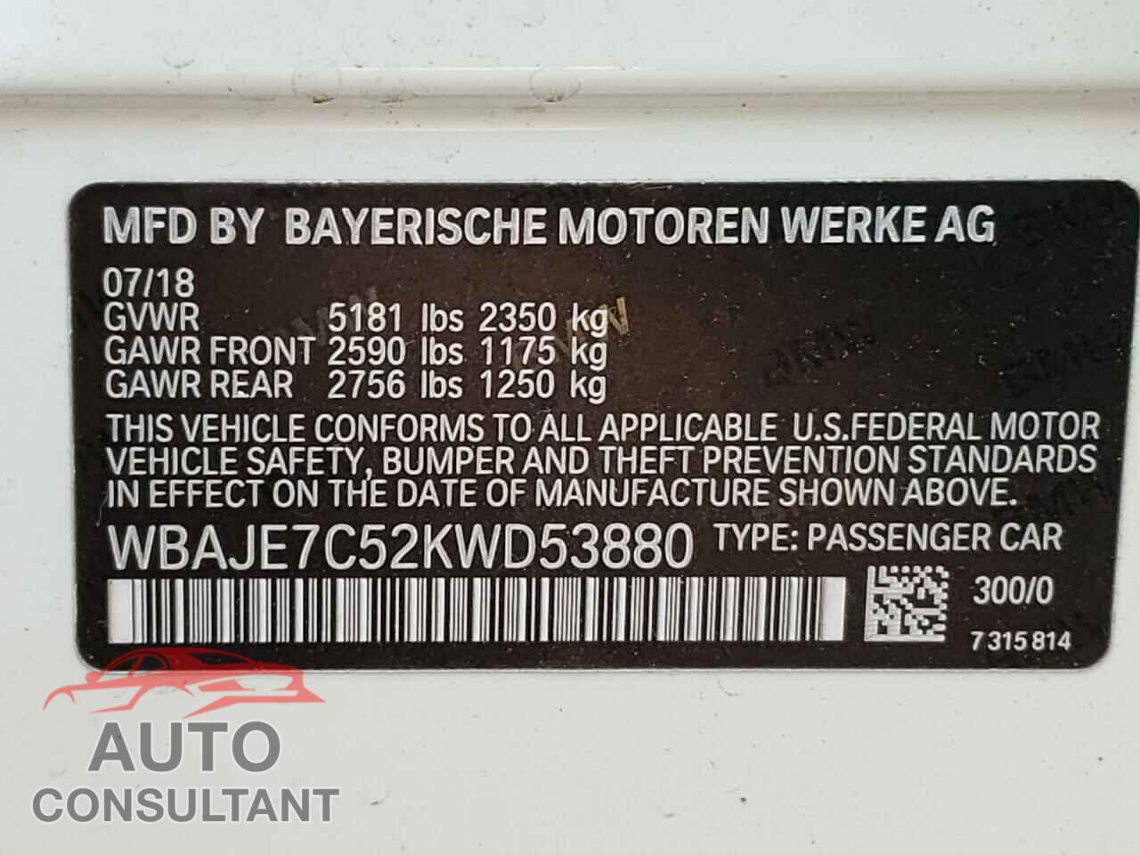 BMW 5 SERIES 2019 - WBAJE7C52KWD53880
