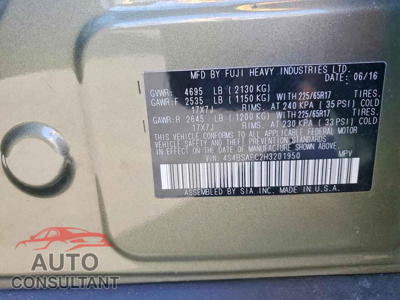 SUBARU OUTBACK 2017 - 4S4BSAFC2H3201950