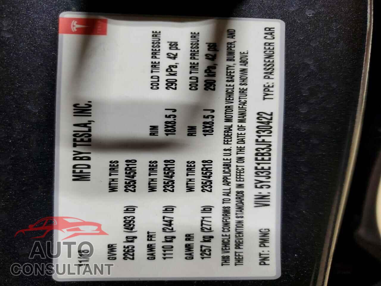 TESLA MODEL 3 2018 - 5YJ3E1EB3JF130422