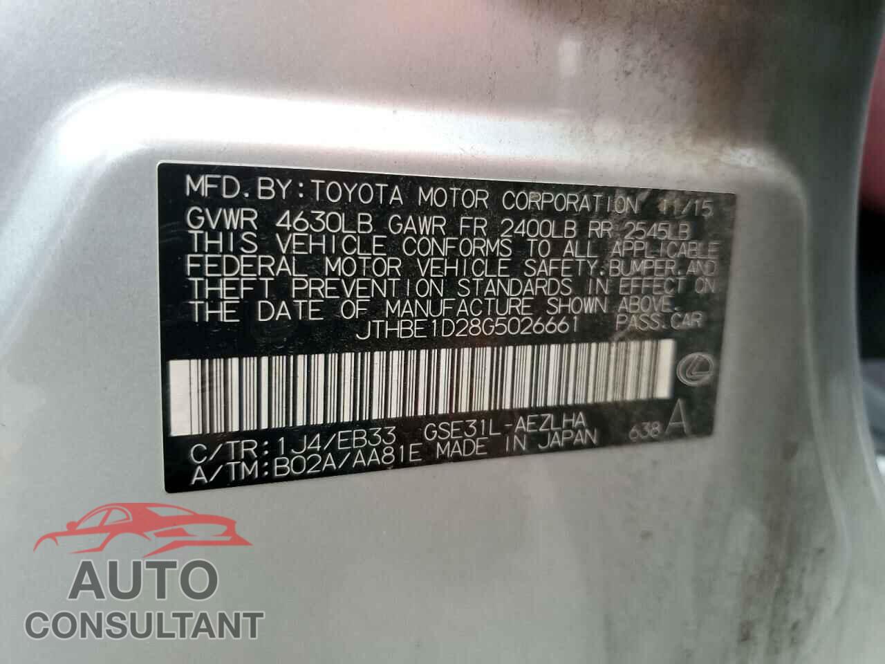LEXUS IS 2016 - JTHBE1D28G5026661