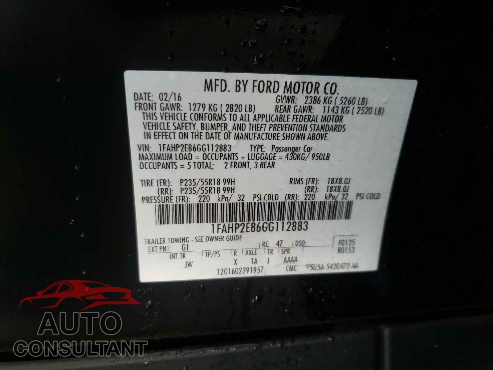 FORD TAURUS 2016 - 1FAHP2E86GG112883