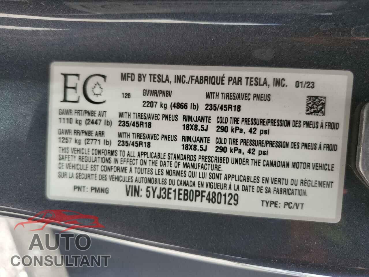 TESLA MODEL 3 2023 - 5YJ3E1EB0PF480129