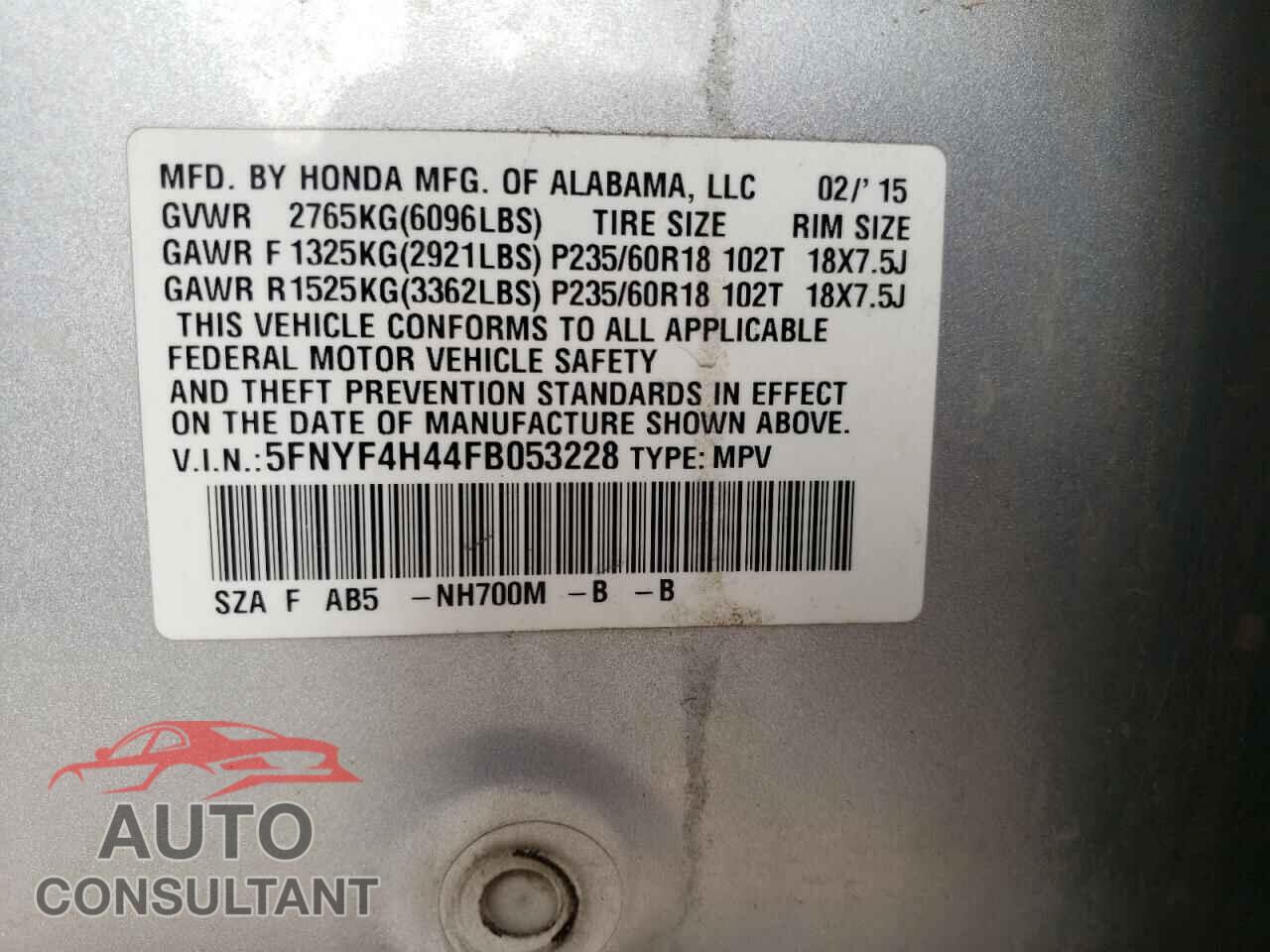 HONDA PILOT 2015 - 5FNYF4H44FB053228