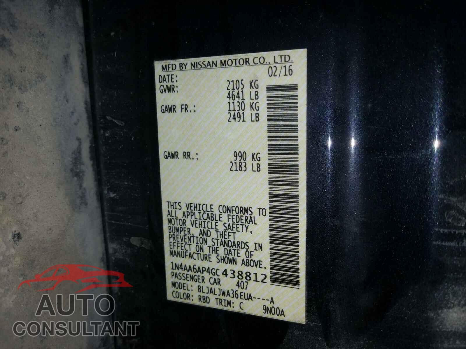 NISSAN MAXIMA 2016 - 1N4AA6AP4GC438812