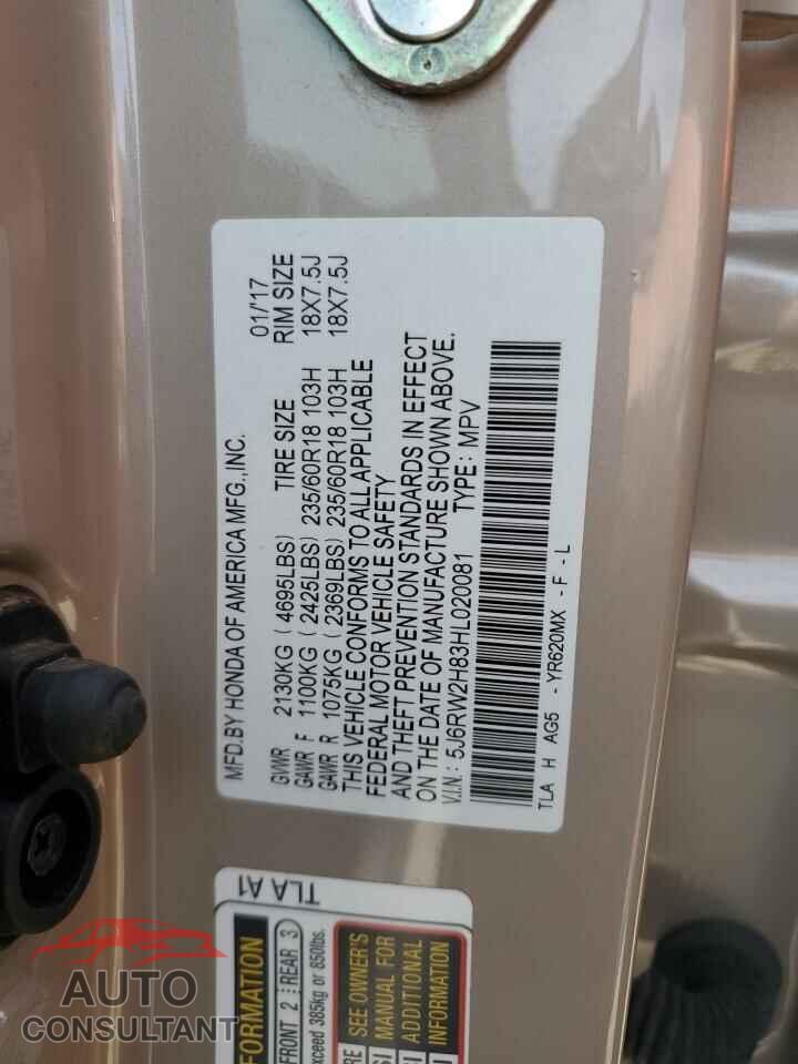 HONDA CRV 2017 - 5J6RW2H83HL020081