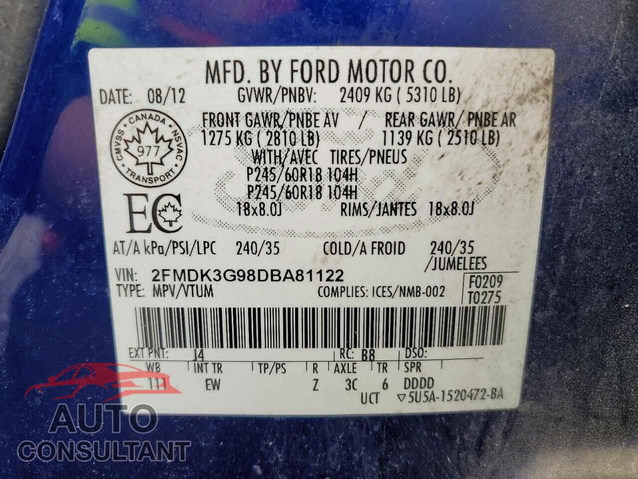 FORD EDGE 2013 - 2FMDK3G98DBA81122