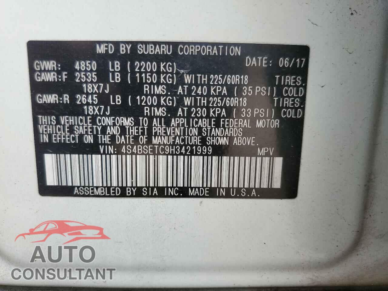 SUBARU OUTBACK 2017 - 4S4BSETC9H3421999