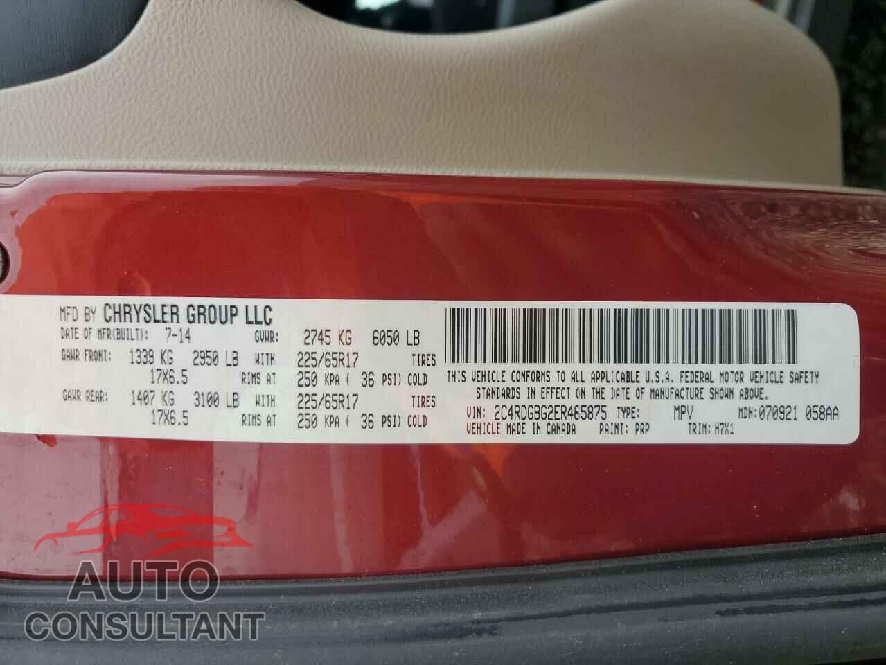 DODGE CARAVAN 2014 - 2C4RDGBG2ER465875