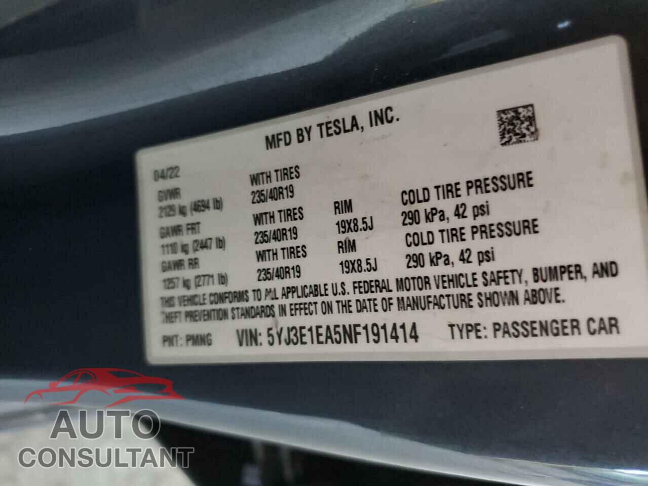 TESLA MODEL 3 2022 - 5YJ3E1EA5NF191414