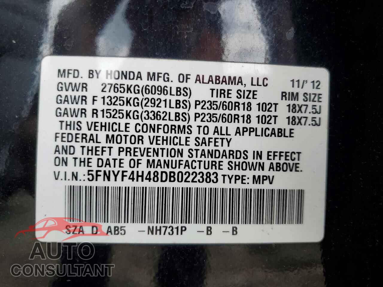 HONDA PILOT 2013 - 5FNYF4H48DB022383
