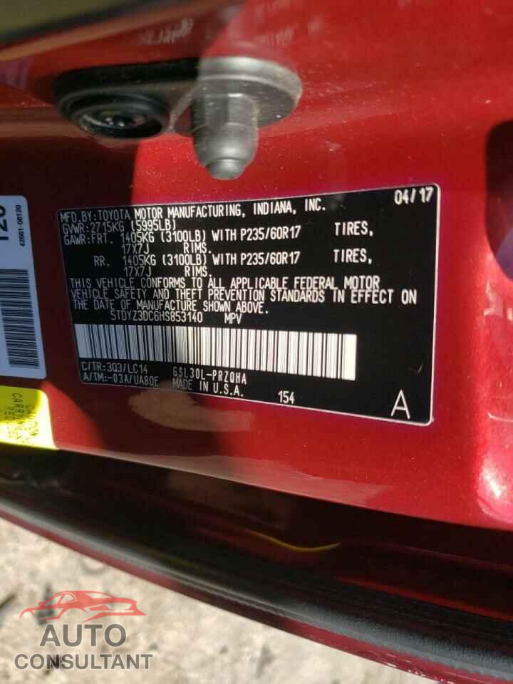 TOYOTA SIENNA 2017 - 5TDYZ3DC6HS853140