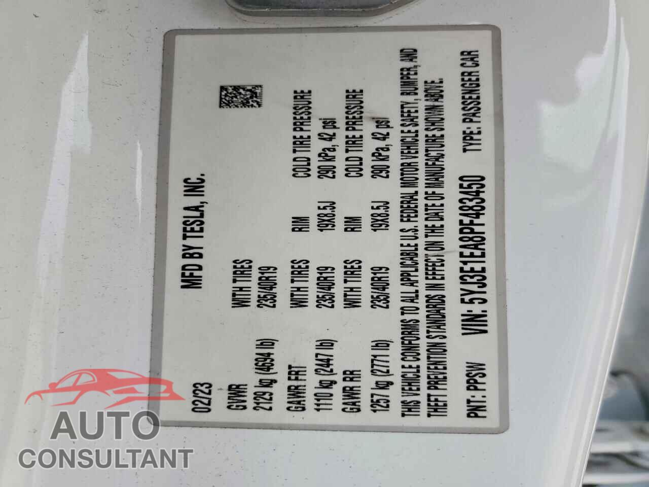 TESLA MODEL 3 2023 - 5YJ3E1EA8PF483450
