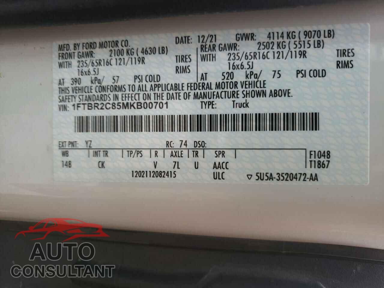 FORD TRANSIT 2021 - 1FTBR2C85MKB00701