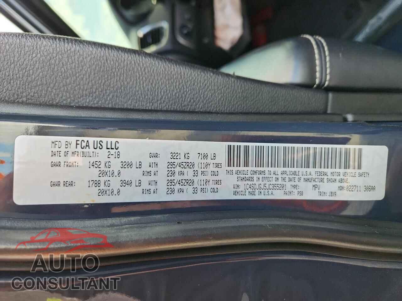 DODGE DURANGO 2018 - 1C4SDJGJ5JC355201