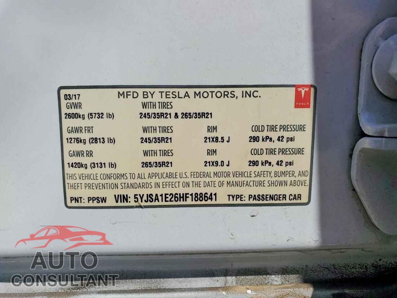TESLA MODEL S 2017 - 5YJSA1E26HF188641