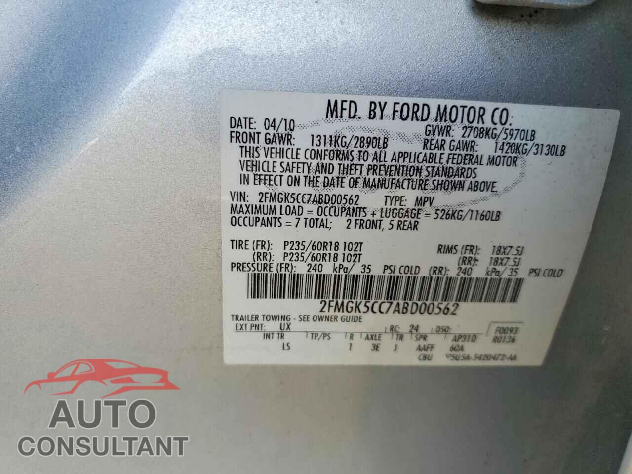 FORD FLEX 2010 - 2FMGK5CC7ABD00562